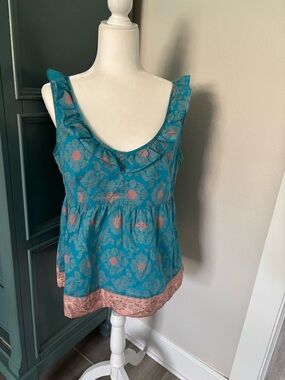 Anthropologie- Edme & Esyllte- Turquoise Floral Masala Ruffle-Neck Tank